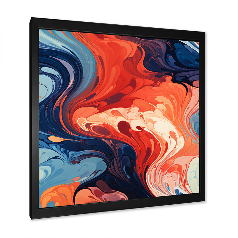 Bleu et orange, liquide, encre de rivière IV - encre liquide, art mural abstrait, Cadre simple noir