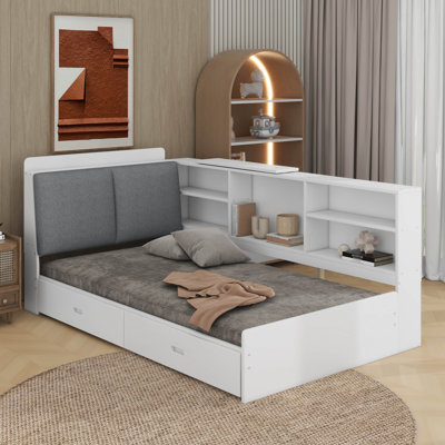 Lit plateforme simple avec tête de lit, tablettes et tiroirs de rangement