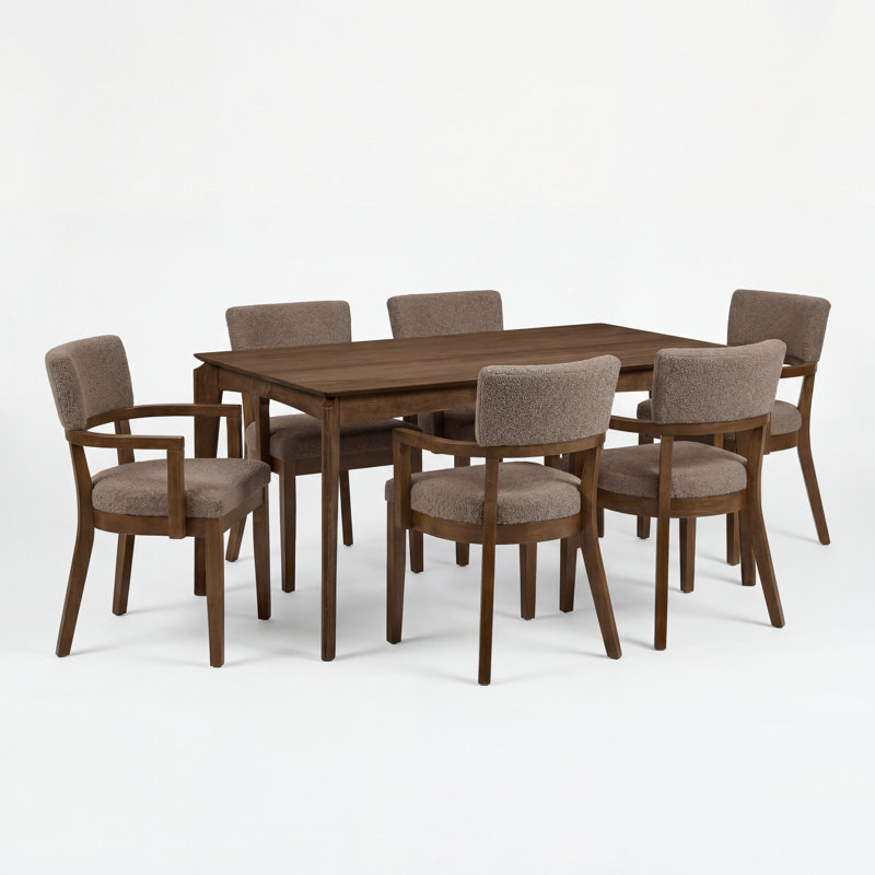 Scaggs 7-Piece Mid Century Modern Dining Table Set With Boucle Upholstered Chairs