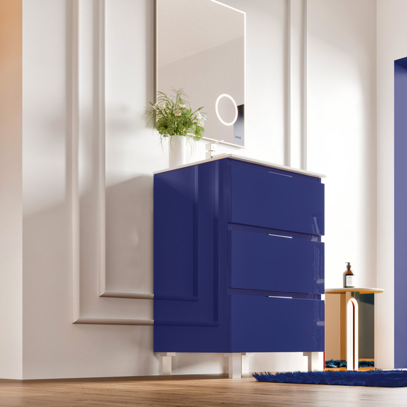 Meuble-lavabo bleu l 24 po x P 18 po avec comptoir en porcelaine blanche et lavabo intégré Linelle