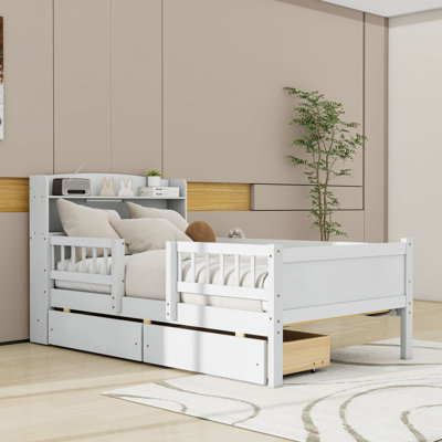 Lit plateforme simple en bois avec éclairage à DEL intégré, 2 tiroirs, tête de rangement et port USB