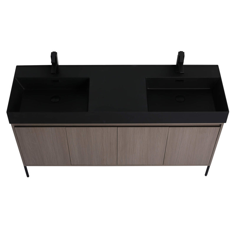 Meuble-lavabo double 60 po Ebord Designs Yordana Ebern Designs, Noir, noir, noir, noir, Chêne gris