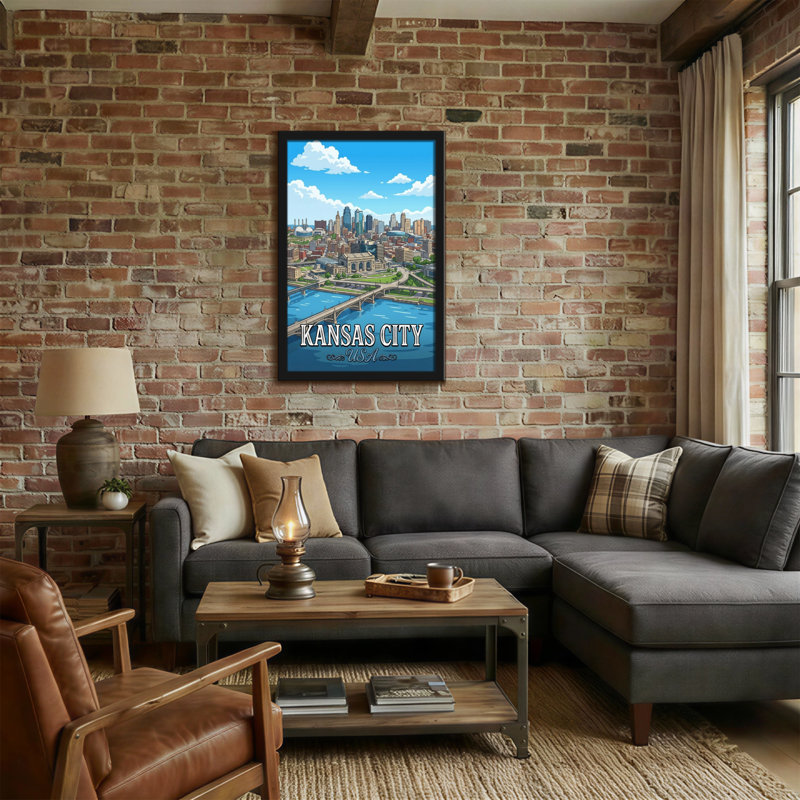 Paysages pittoresques et urbains de Kansas City avec rivière et pont, H 18 po x l 12 po