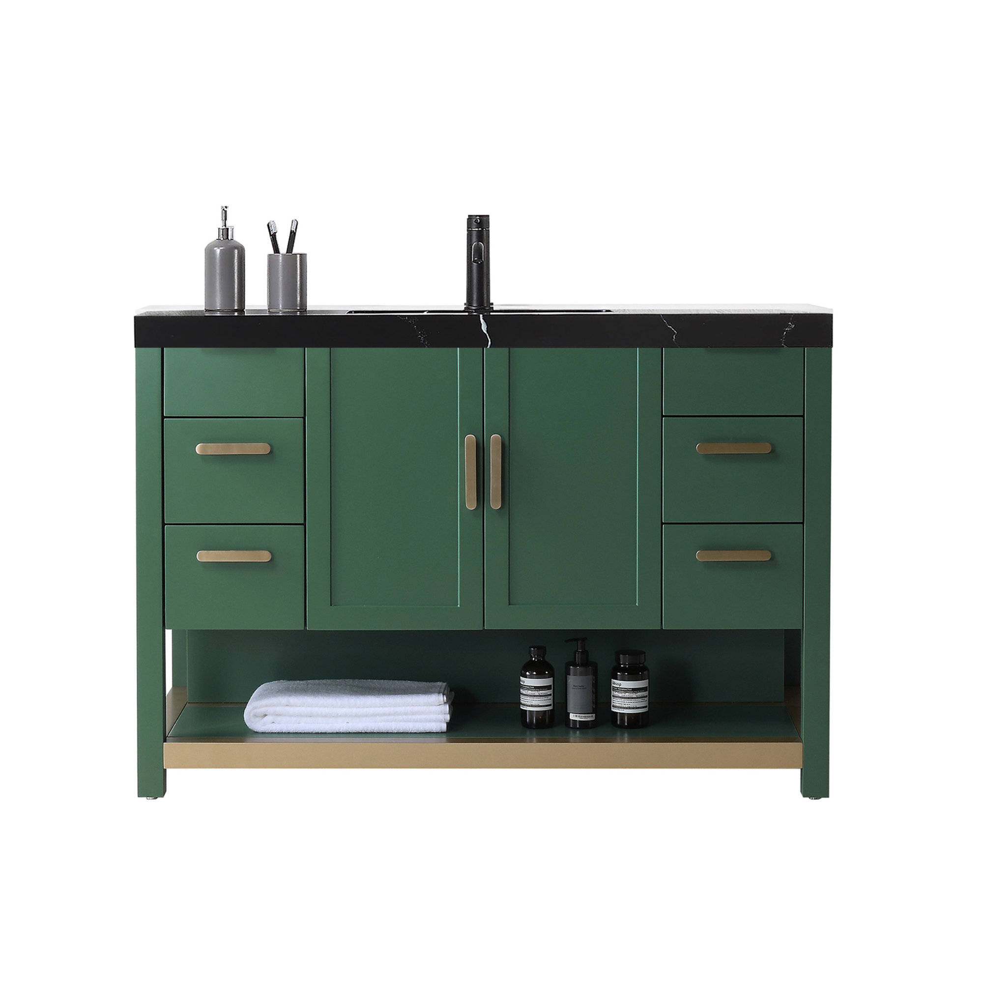 Willard 48" Veneer Plywood Bathroom Vanity with Engineered Quartz Top, Forest Green, Black
