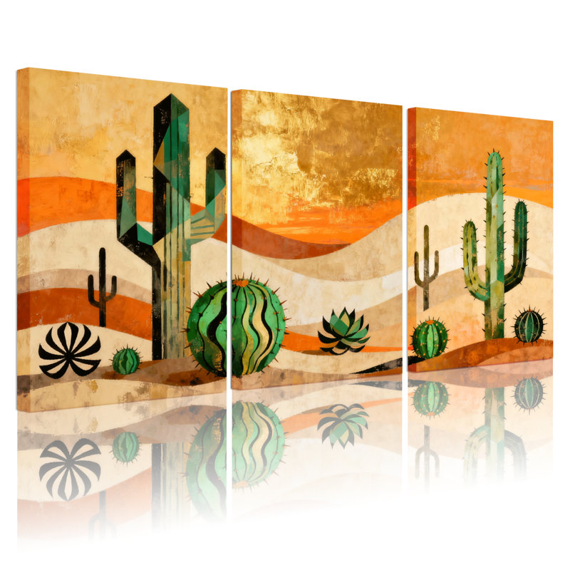 Cactus, paysage désertique avec cactus et couleurs chaudes, ensemble de 3 impressions sur toile, H 24 po x l 48 po