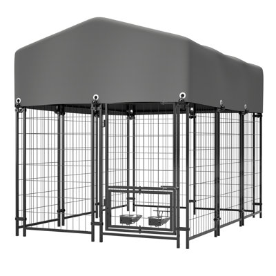 4.23x5.82x4.83ft Heavy Duty Dog Kennel Outdoor - Welded Steel Playpen Fence With Waterproof Uv-resistant Cover And Rotating Feeder, Secure Lock