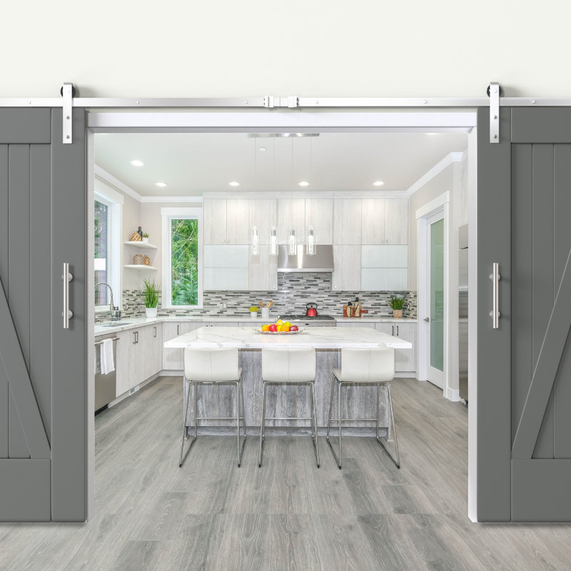 Expressions by Emtek 72" Barn Door Flat Track Hardware Kit with Soft Open/Close System, Satin Nickel, Satin Nickel