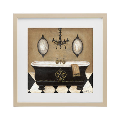 Élégante baignoire et lustre, impression sous verre encadrée, design par Janet Tava