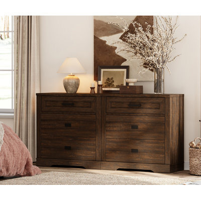 Commode de 47,2 pouces de largeur pour chambre à coucher avec 6 tiroirs, armoire de rangement moderne Farmhouse, commode à 6 tiroirs avec poignées en métal, commode en bois massif pour le salon, la chambre de bébé
