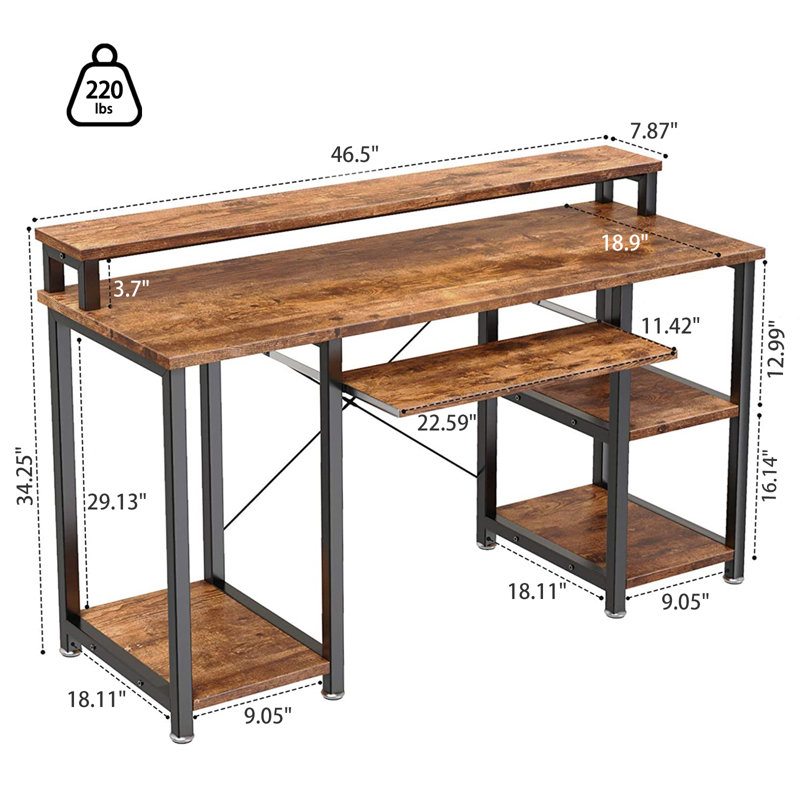 Modern Home Office Computer Writing Study Desk with Storage Shelves and Keyboard Tray, Rustic Brown/Black