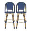 Ensemble de 2 tabourets de bar 29,5 po d'extérieur en rotin PE et aluminium français, finition bleu marine et bambou
