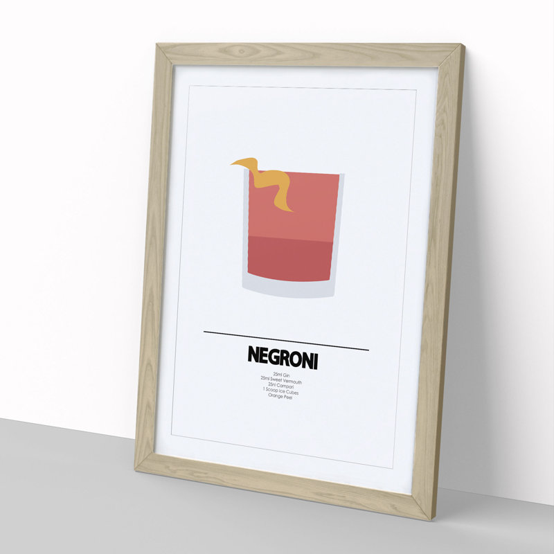 Negroni Cocktail - Picture Frame Typography on MDF, Oak Framed, 36cm H x 27cm W x 2cm D