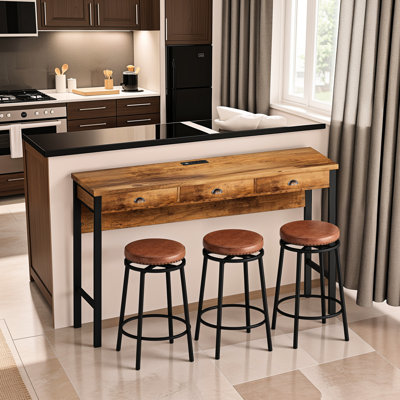 3 Long Dining Table , Brown. With Power Outlets & Pu Stools. Robust Metal Framework. Graceful Shell-shaped Handles. Cozy Cushioned Seats. Versatile For Different Environments. Easy To Construct Brown