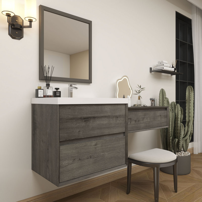 Meuble-lavabo mural Aliki avec évier en acrylique renforcé, Chêne fumé, 70"