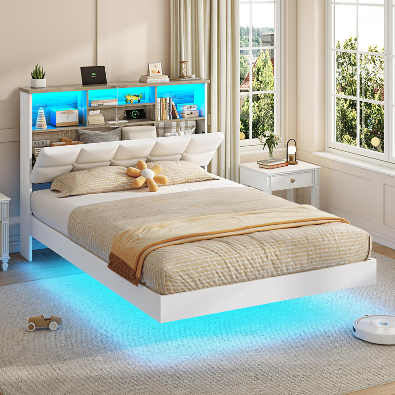Cadre de lit flottant avec éclairage DEL et rangement dissimulé, lit plateforme rembourré avec tête de lit, station de chargement USB/Type-C, sommier non requis