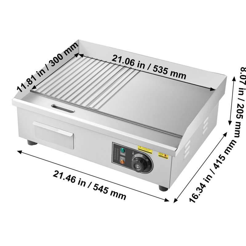Plaque de cuisson électrique commerciale 1750 W, 53,5 x 30 cm, température réglable de 50 à 300 °C, en acier inoxydable, surface semi-rainurée pour la cuisson des steaks, avec trou d'égouttement, patins antidérapants et outils de nettoyage inclus.