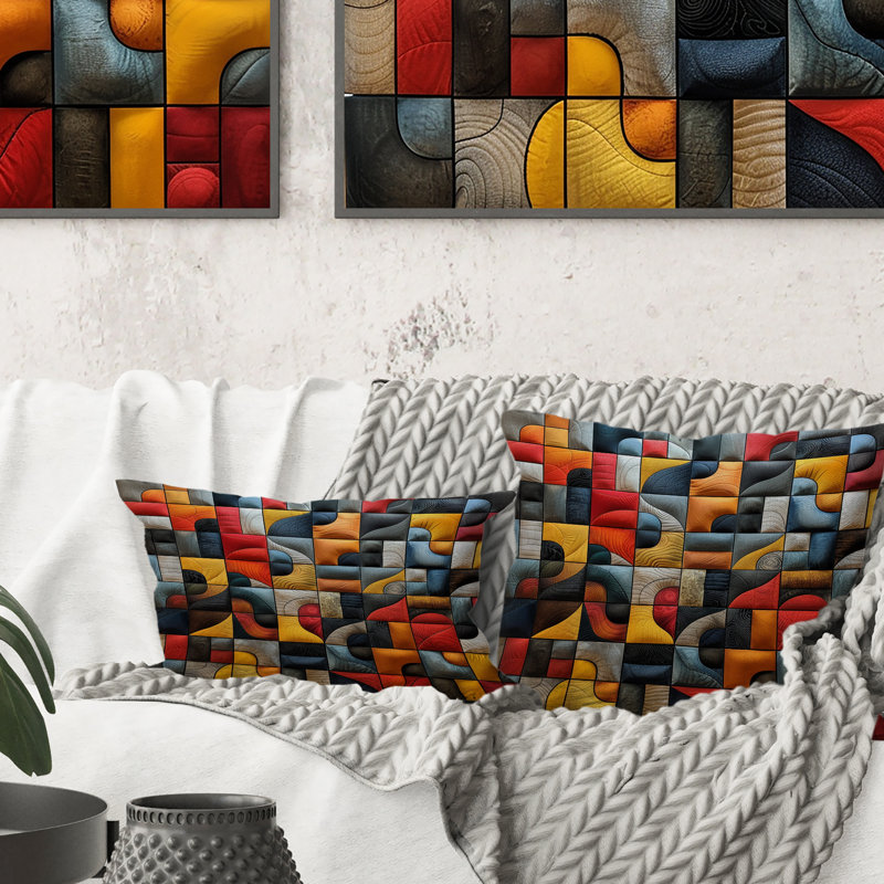 Coussin lombaire moderne à formes géométriques orange et jaune