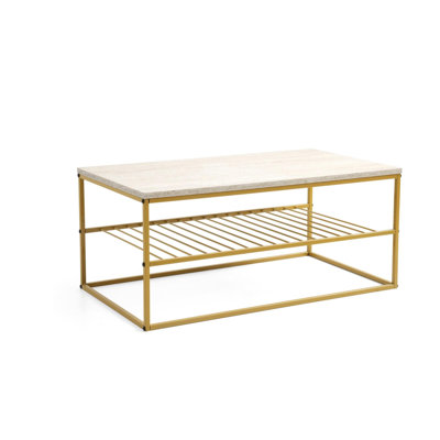 Modern Coffee Table with Electrostatic Powder Coated Metal Legs, Travertine & Gold Finish | 100% Melamine Coated Particle Board, Dimensions: 37.4 x 16.5 x 21.7 inches | Stylish Marble Concept, Durable & Elegant Design