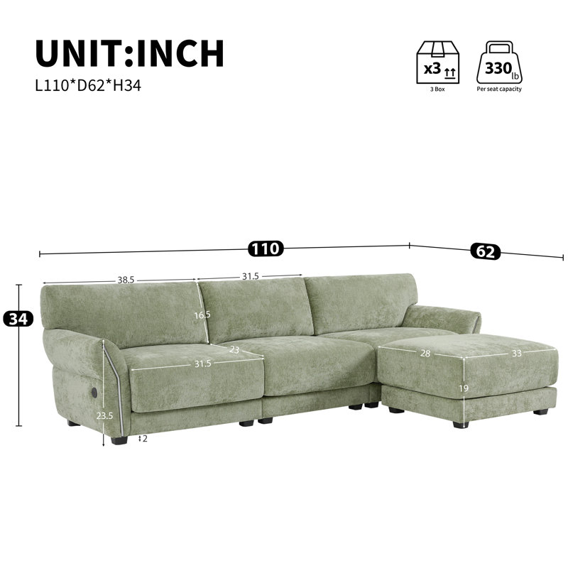 110" Petal Armrest Sectional Sofa, Extra-Wide Seat, USB And Type-C Charger, Adjust Ottoman &Wood Frame, Green