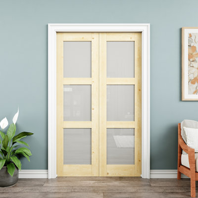 Porte intérieure double en bois de pin et verre givré 48 po x 80 po à 3 compartiments, bois de pin naturel, plaque de porte en verre trempé avec intimité, pouvant être peint et imperméable, comme portes de buanderie, portes de placard, portes de pièce