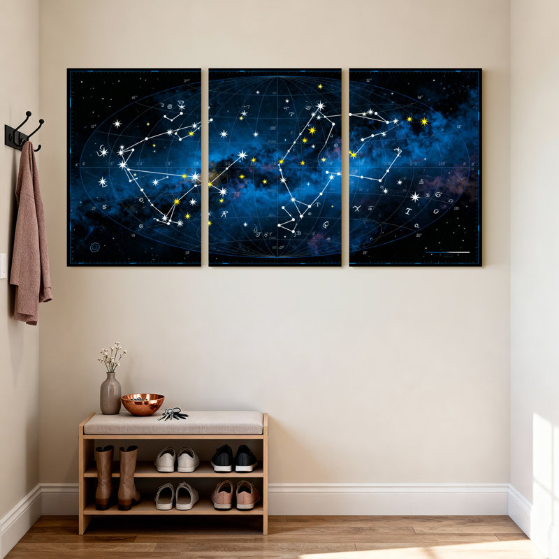 Ensemble de 3 tableaux muraux sur toile représentant une carte des constellations., H 18 po x l 36 po