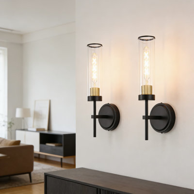 Modern Wall Sconces Set Of Two, Black And Gold Bathroom Lighting With Clear Glass, Reversible Mounting For Mirror, Bedroom, Living Room, Hallway, And Kitchen