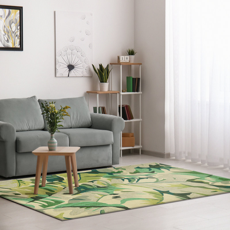 Tapis floral vert / beige touffeté à la main Floral, Rectangle 7 pi 6 po x 9 pi 6 po