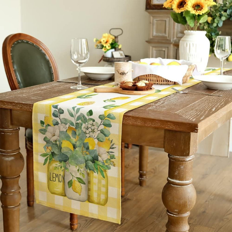 Black Buffalo Check Summer Table Runner 72 Inch, Lemon Vase Spring Farmhouse Rustic Holiday Runners Kitchen Dining Table Decoration For Indoor Outdoor Dinner Party Décor