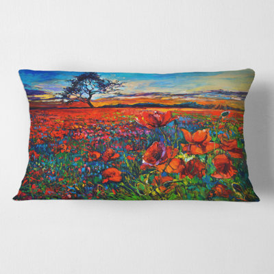 Blossoming Poppy Fields With Distant Tree Floral Lumbar Pillow