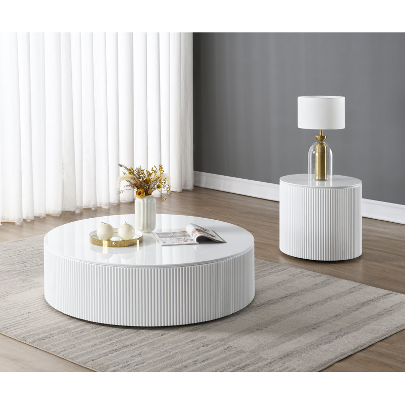Ensemble de table basse et de table de bout Modern Modern, finition brillante blanche, design cannelé, ensemble de salon 2 pièces