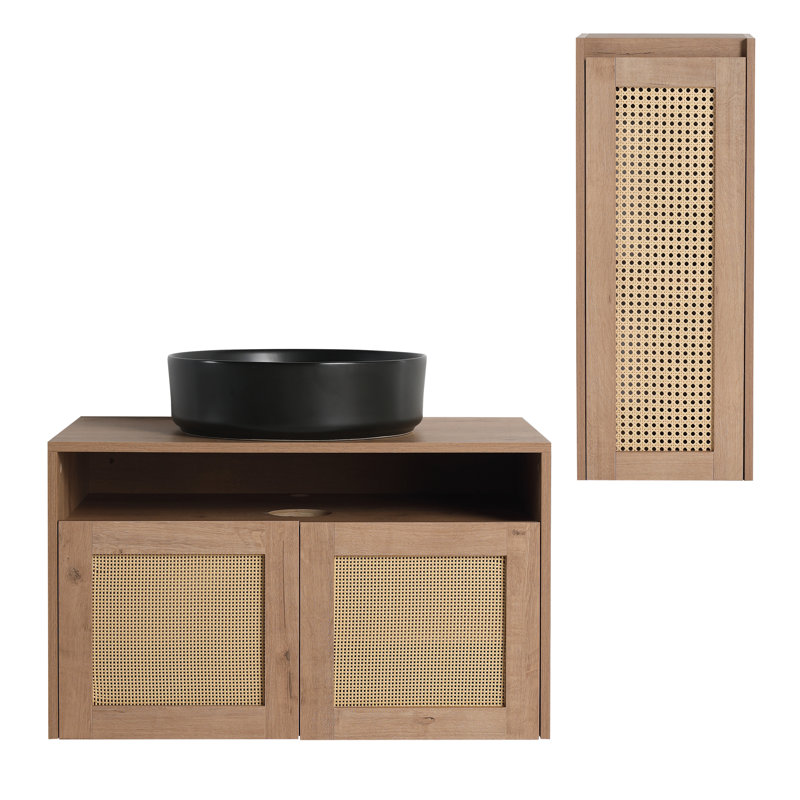 Meuble-lavabo de 30 po avec lavabo d'art en céramique et armoire latérale, 2 portes à fermeture douce, fixation à flotteur