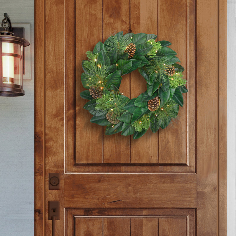24 In. Pre-Lit Magnolia Artificial Wreath