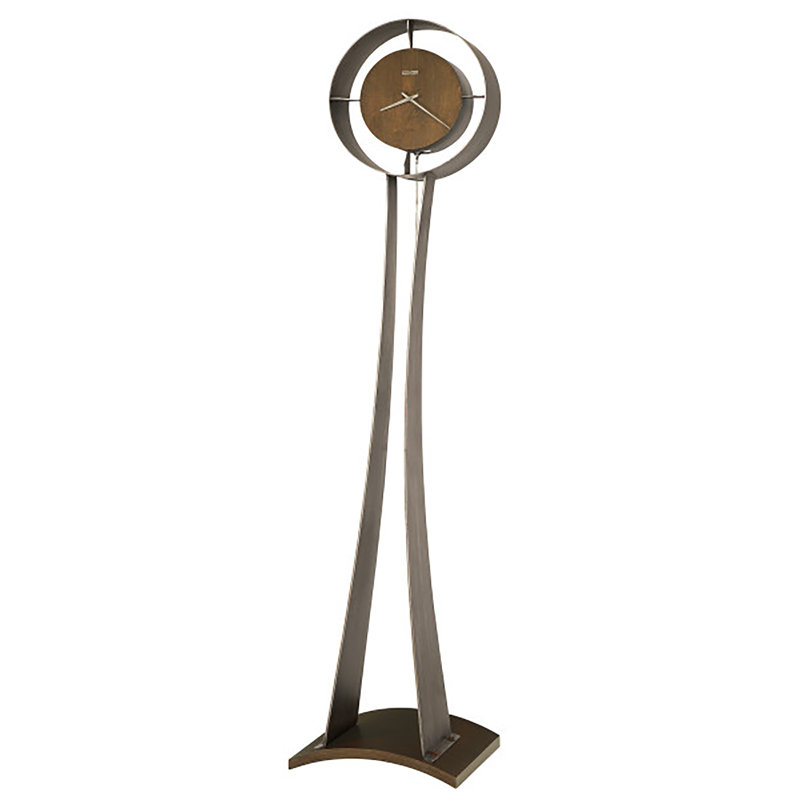 Kira Modern Grandfather Clock, Sculpted Metal Frame with Natural Walnut Accents, Quartz Movement