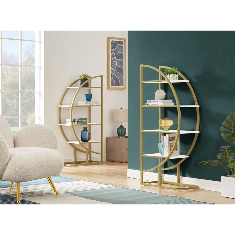 Bibliothèque de bureau ouverte 4 niveaux, forme ronde, différentes façons de placement, panneau de fibres à densité moyenne, cadre en métal doré, blanc