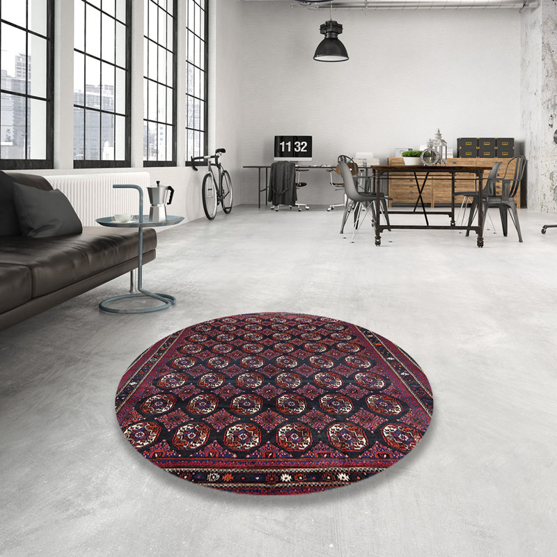 Tapis géométrique rouge / bleu marine, Rond 7 pi