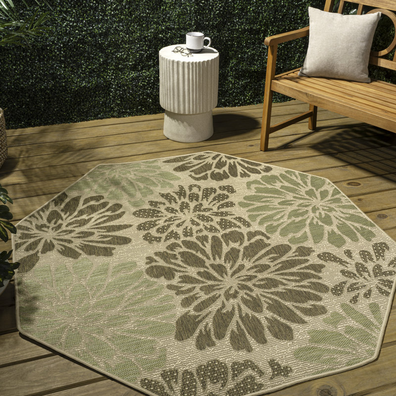 Hagy Modern Floral Textured Weave Sage/Brown Indoor/Outdoor Rug, Octagon 7'9"