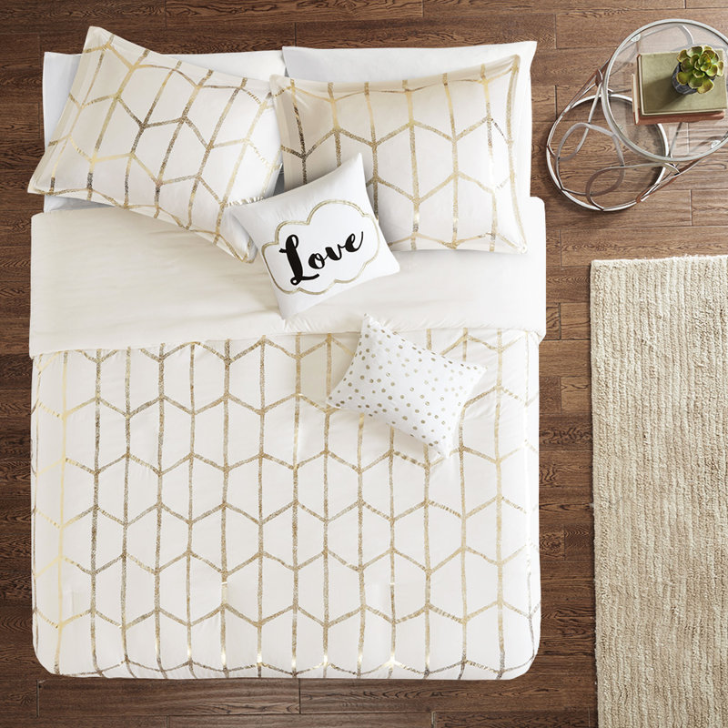 + housse de couette TG simple / simple TG - housse de couette à imprimé métallique, très douce, boutonnée, 2 taies décoratives, coussins décoratifs avec lignes géométriques et imprimé typographique doré sur microfibre, fermeture à boutons, garniture