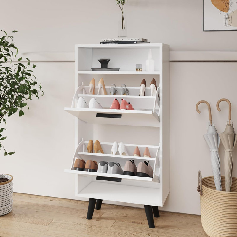 Corrigan Studio® Shoe Cabinet, Freestanding Shoe Rack With 2 Flip Drawers And Legs FSSR013, Ivory White