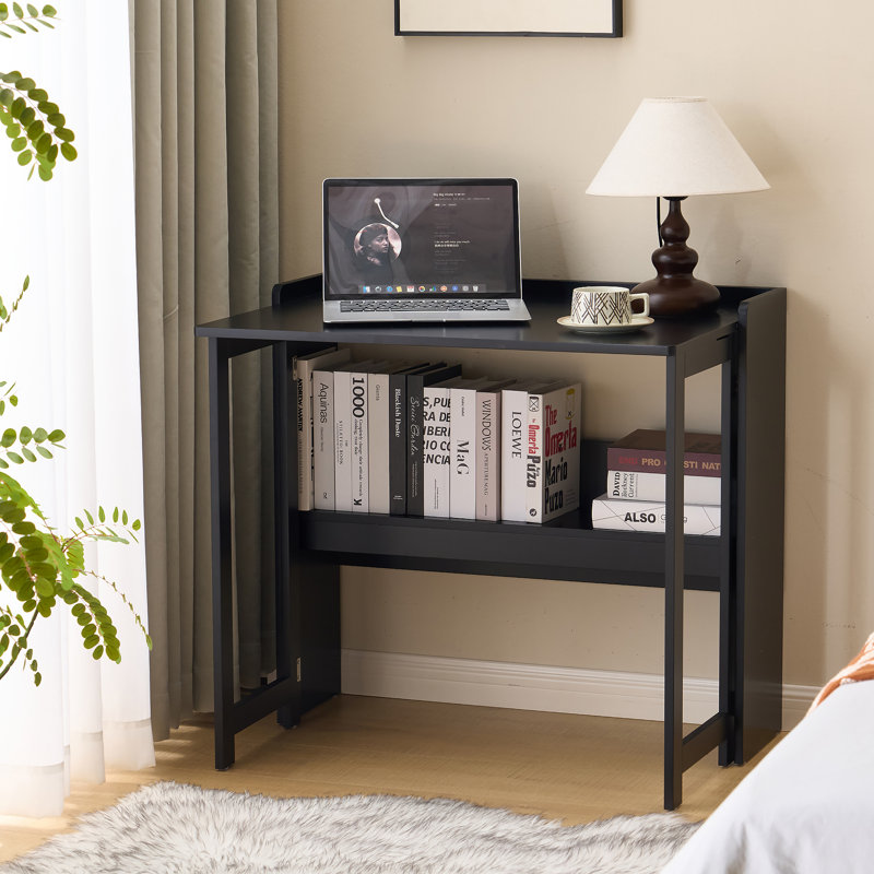 Folding Table With Storage Shelf,32.6 Inch Foldable Computer Desk For Small Spaces,Small Writing Desk For Bedroom  Home Office Dorm And Apartment,Black