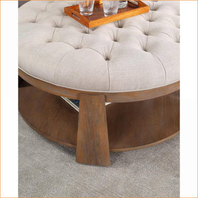Repose-pieds de style transitionnel avec capitonnage profond et siège capitonné semblable à du lin avec tablette inférieure ouverte | Noyer brun | Bois massif