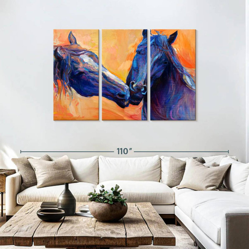 Bleu à motif de chevaux, H 48 po x l 74 po