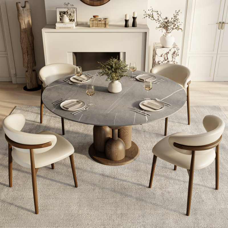 Amberly Luxury Modern Round Sintered Stone Dining Table Solid Wood Pedestal Kitchen Table For 2-8, One-step Installation