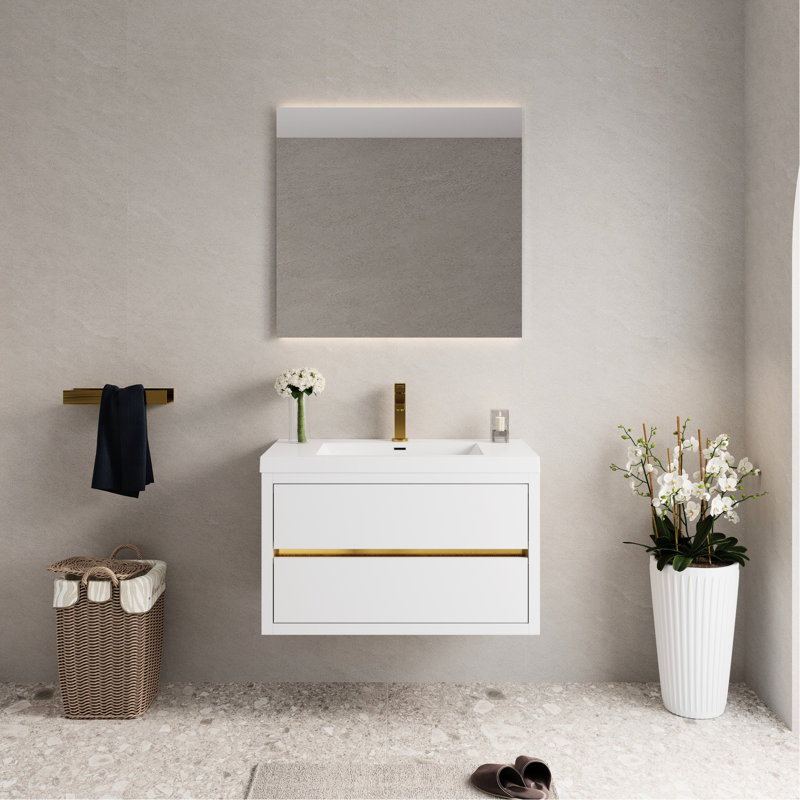 Meuble-lavabo de 36 po avec lavabo, pré-assemblé, intérieur spacieux, plateau en résine de pierre, armoire en bois, blanc brillant 36 po, rangement et comptoir, tiroirs à fermeture en douceur pour plus de confort