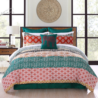 Bohemian Turquoise/Orange Microfiber Reversible 7 Piece Comforter Set