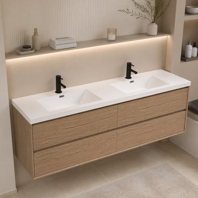 Lavabo de 84 po en résine pour meuble-lavabo, avec deux lavabos rectangulaires encastrés, trou de robinet simple, comptoir de meuble-lavabo seulement