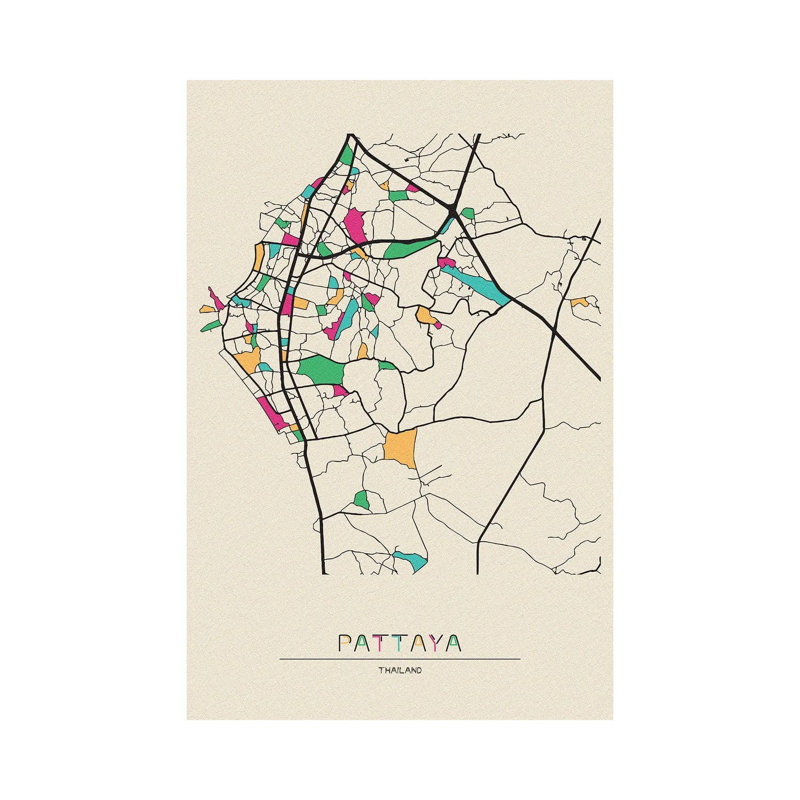 Pattaya, Thailand Map by Ayse Deniz Akerman - Wrapped Canvas Print, 101.6 cm H x 66.04 cm W x 1.91 cm D
