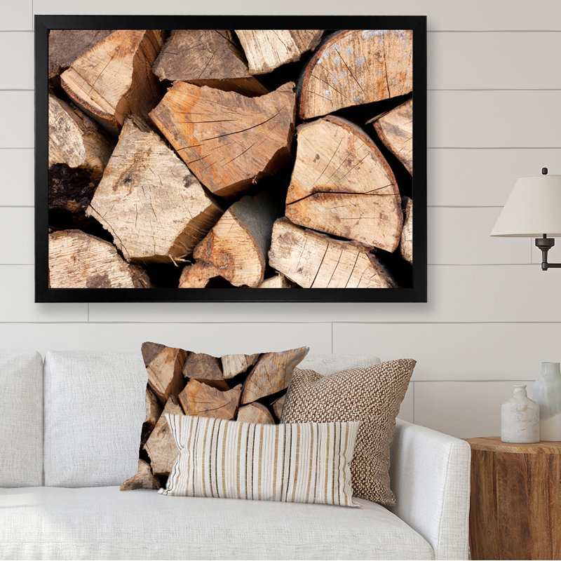 Pile de bois de chauffage - Impression traditionnelle sur bois brun, Impression noire sur toile encadrée