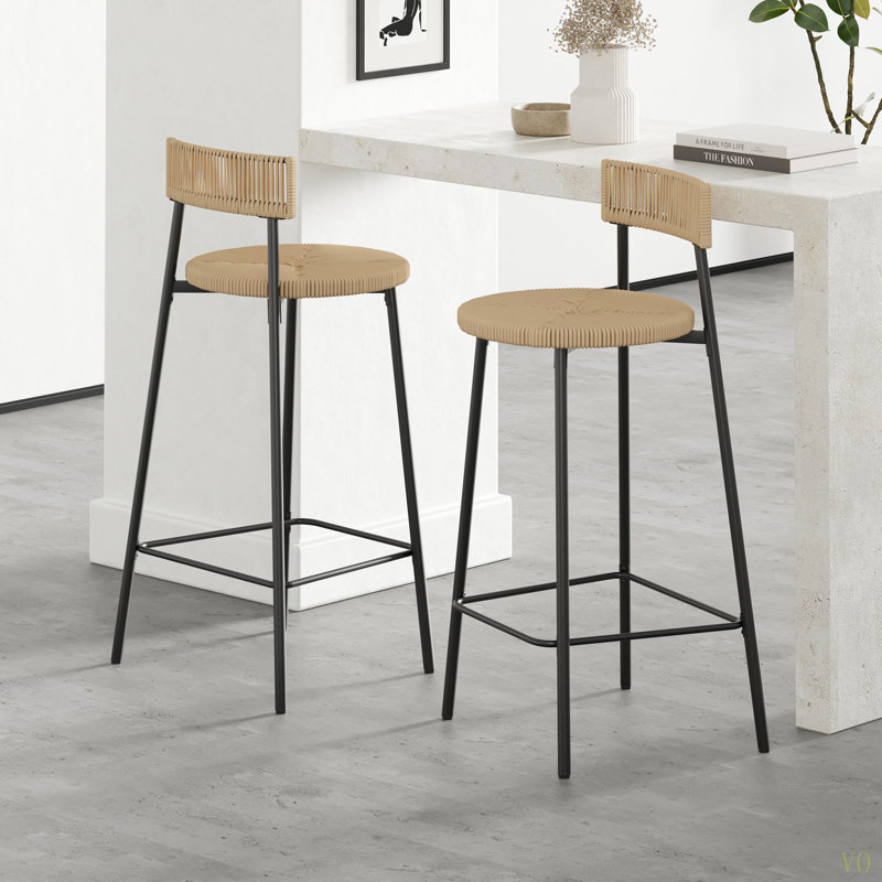 Tabourets de bar tissés à la main avec dossier, ensemble de 2 tabourets ronds en corde de papier avec repose-pieds pour îlot de cuisine et salle à manger