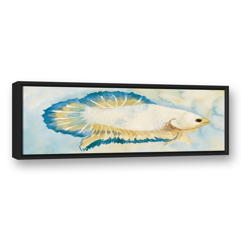 " White And Blue Fish ", 13.75" H x 37.75" W x 1.75" D, Black Floater Frame