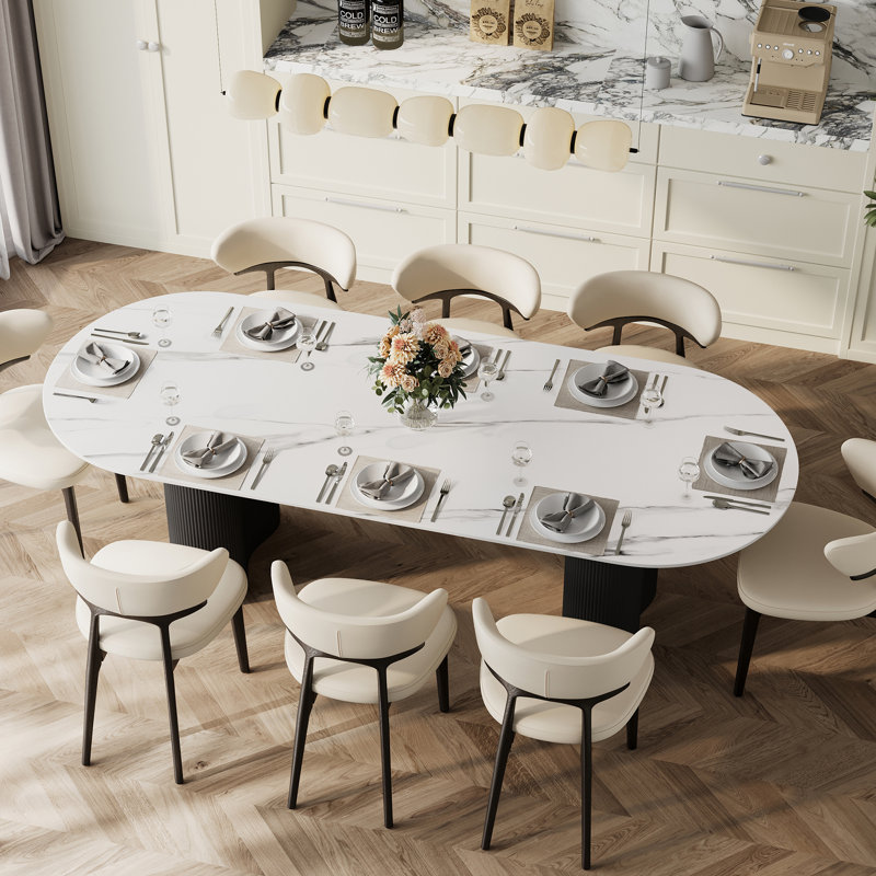 Table de salle à manger 78 "de luxe en faux marbre 6-8 personnes, double colonne romaine avec pieds noirs et table de cuisine minimaliste moderne pour le salon